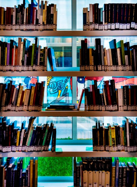 Tra gli scaffali dei libri esposti al Pertini si scorge il dipinto murale