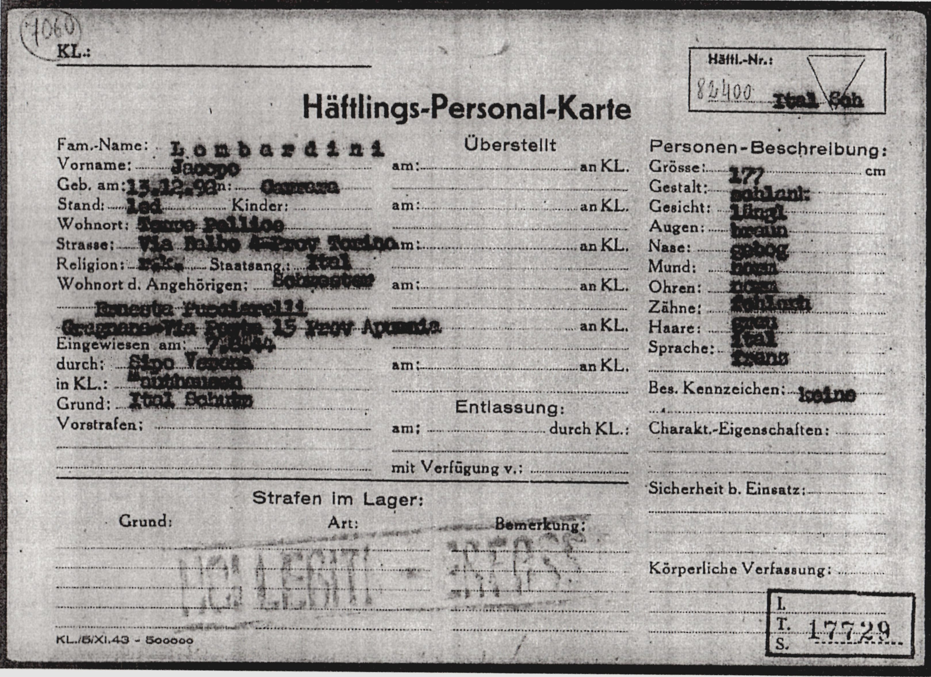 Jacopo Lombardini - Scheda  personale del detenuto del campo di Mauthausen
